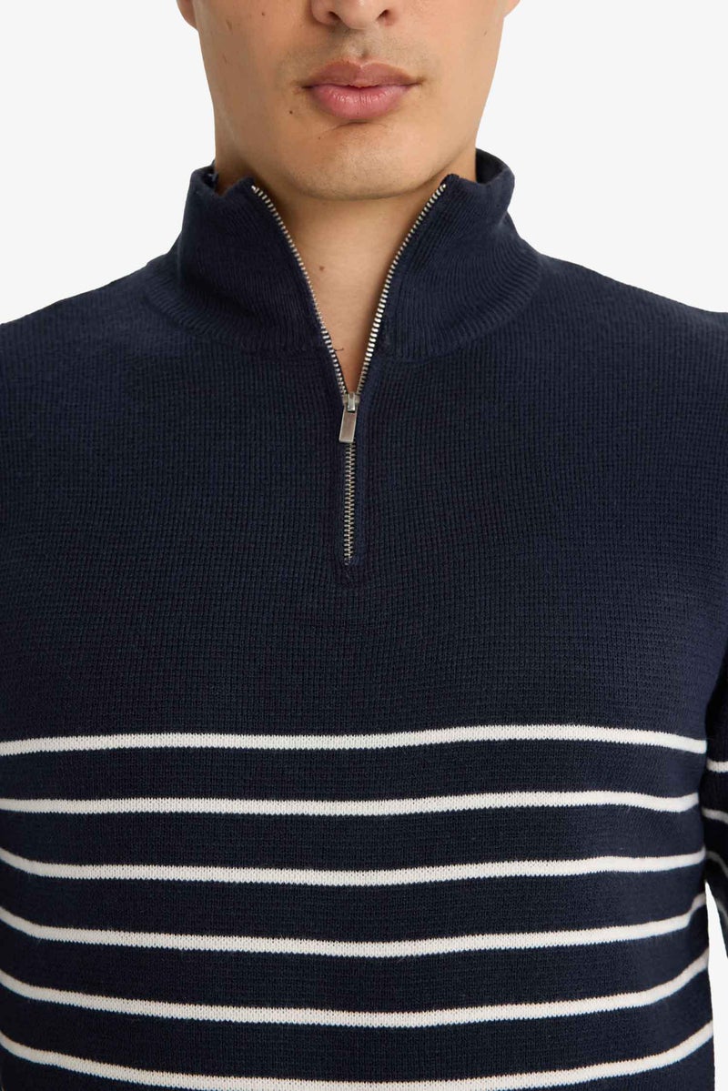 DeFacto Blue Man Standard Fit Half Zippered Striped Knit Pullover Casual - Image 4